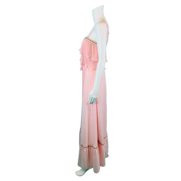 Vintage 70s Maxi Dress Womens S Light Pink Accordion Pleat Flutter Bodice Vicky - Picture 8 of 10